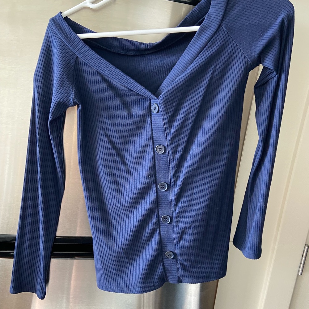 reformation off shoulder navy cardigan